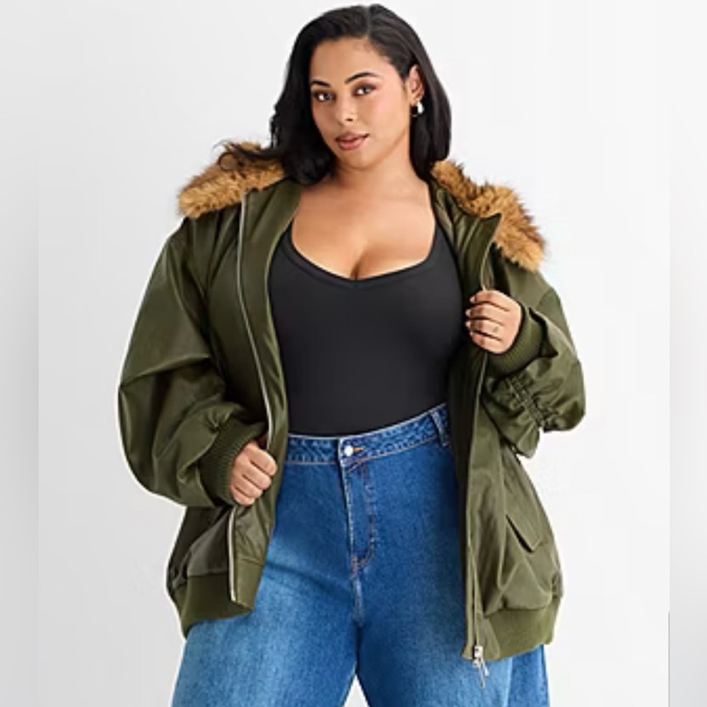 Ashley Graham Olive Green Faux Leather Bomber Jacket with Brown Faux-Fur Hood - Picture 3 of 11
